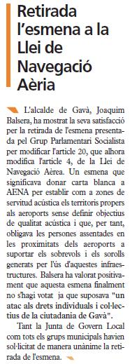 Not�cia publicada en l'edici� del 10 de desembre de 2009 de la publicaci� municipal de Gav� (El Bruguers) sobre les gestions de CiU per a la retirada al Senat de l'esmena per modificar la Llei de Navegaci� A�ria
